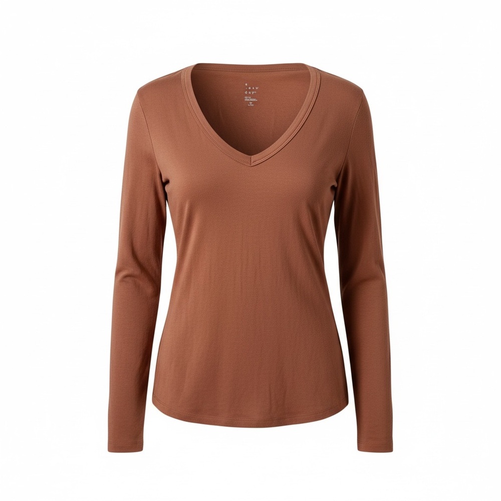 Women's V-Neck Long Sleeve Top - Brown -Small